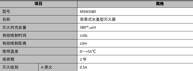 MSWJ580简易式水基型灭火器技术参数