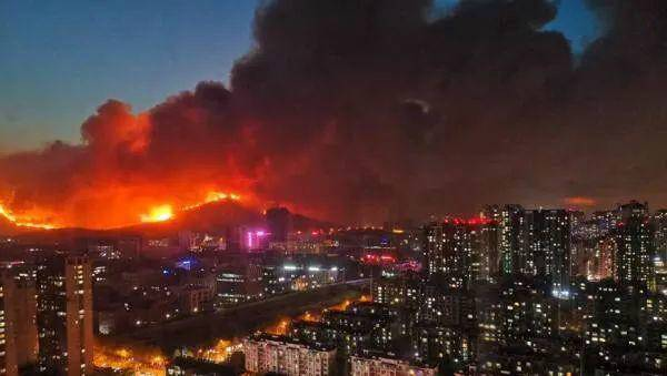 青岛两处山火复燃 100余辆消防车和4架直升机扑救