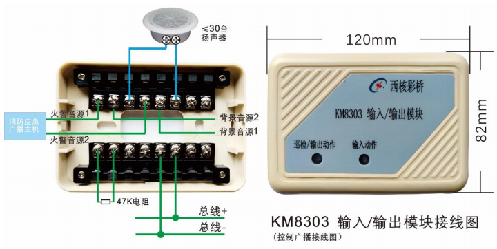 KM8303模块与多线联动控制盘配接控制输出接线示意图