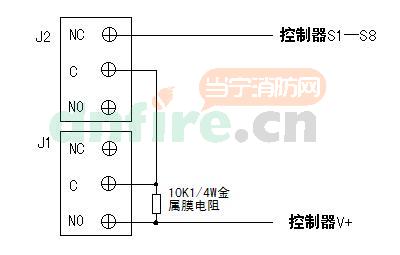 火警故障继电器与火灾报警控制器之间的接线示意图