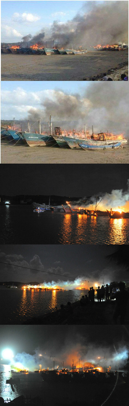 福建莆田湄洲岛20多艘渔船着火 火烧连营6个多小时