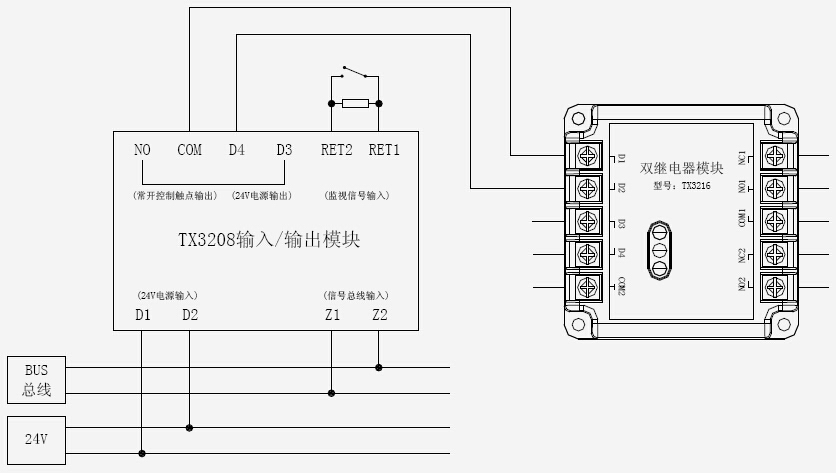 TX3216双继电器模块与输入输出模块组合连接的方法