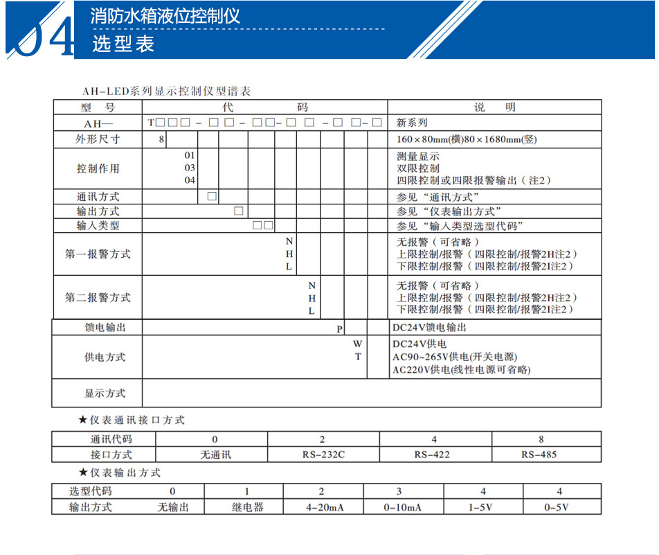 消防水箱液体控制仪选型表