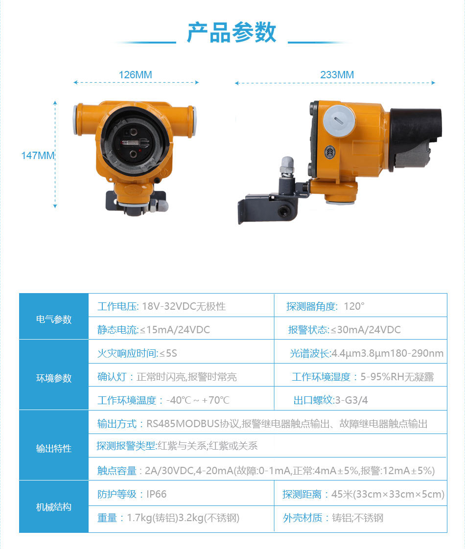JTGB-HZW-BK53ExIR2-UV双红外单紫外火焰探测器产品参数