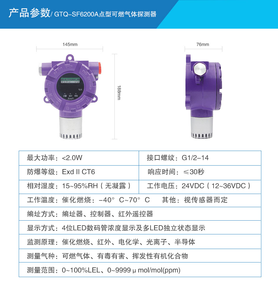 GTQ-SF6200A点型可燃气体探测器参数