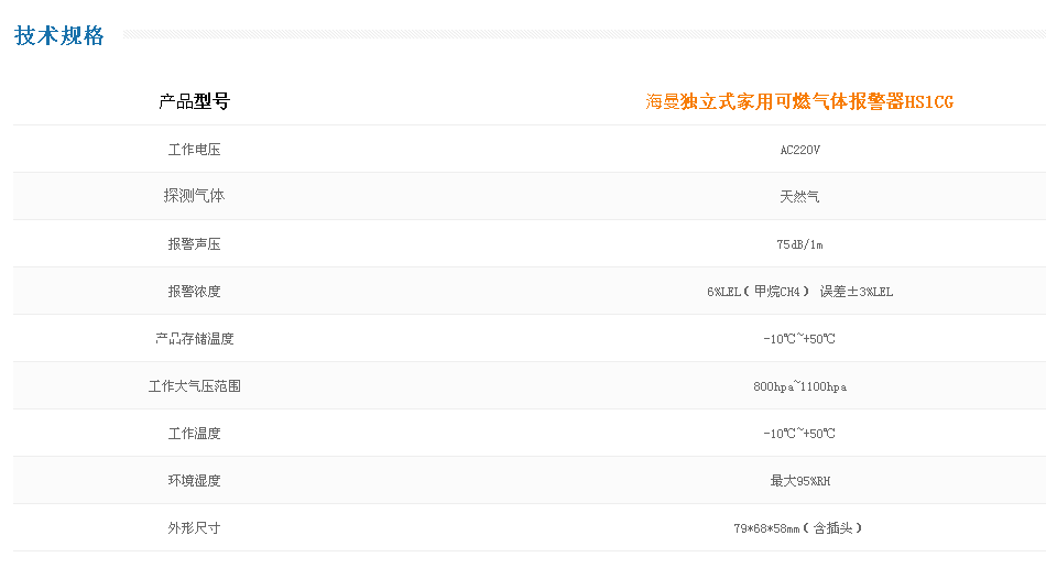 HS1CG独立式家用可燃气体报警器技术参数