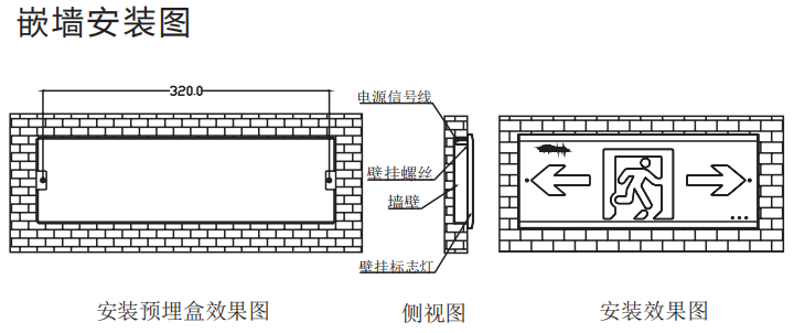 应急照明疏散标志指示灯-超薄拉丝铝嵌墙安装示意图