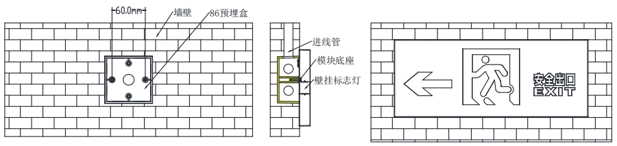 玻璃壁挂应急照明疏散标志指示灯安装示意图