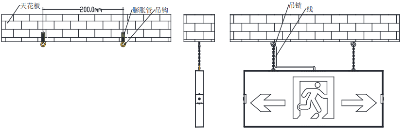 不锈钢吊装应急照明疏散标志指示灯安装示意图