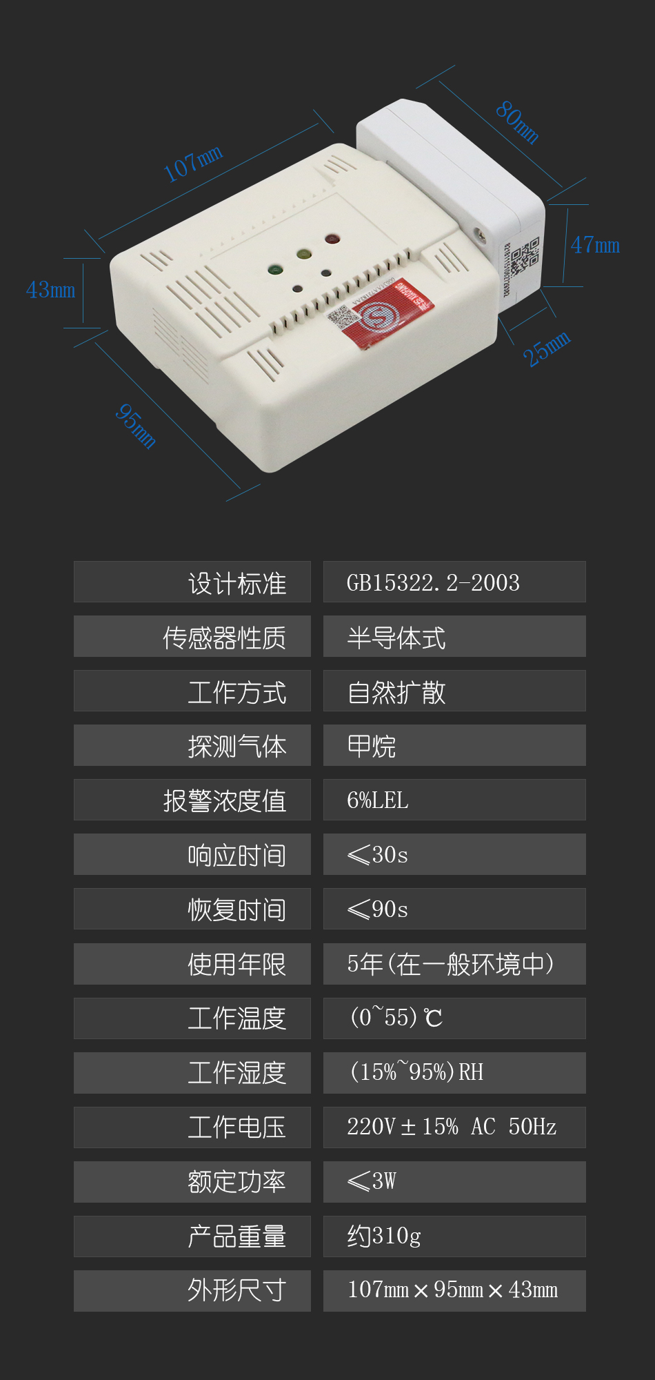 TKW-6210C独立式可燃气体探测器 WIFI联网型技术参数