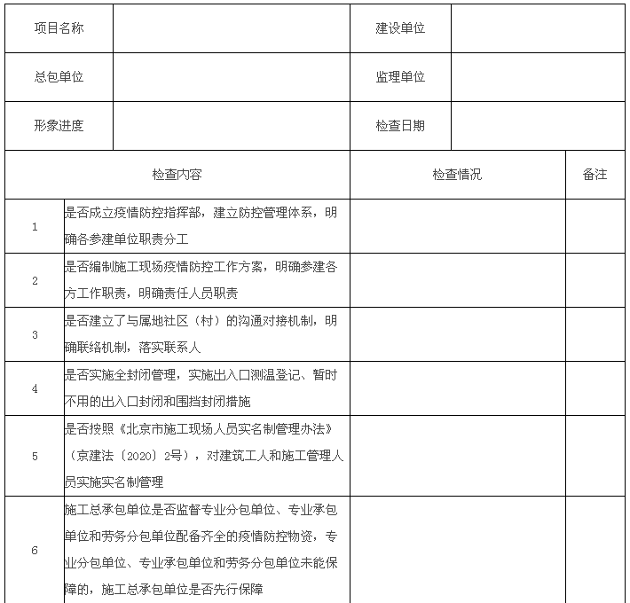 建设工程复工疫情防控检查表