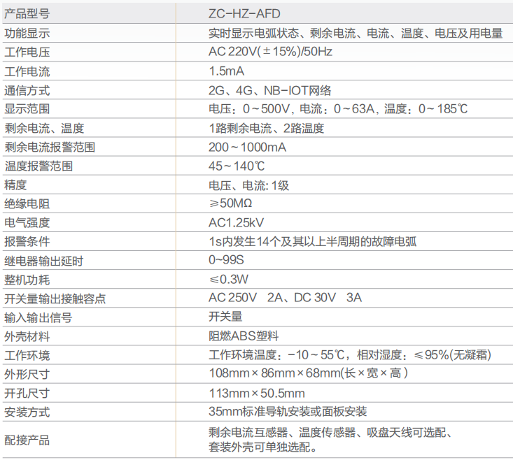 ZC-HZ-AFD故障电弧探测器技术参数