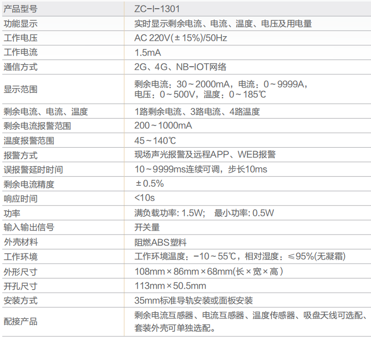 ZC-I-1301智慧用电探测器技术参数