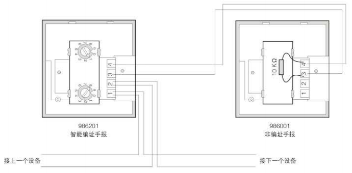 986201型智能手动火灾报警按钮带非编码手报接线图