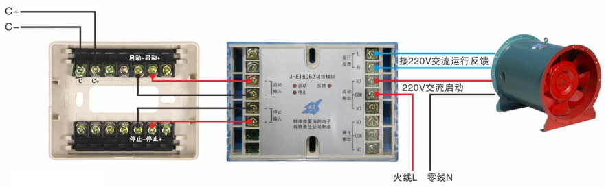 依爱EI6046和EI6062多线模块控制接线图-多线模块控制泵或风机的220V交流启动接线图