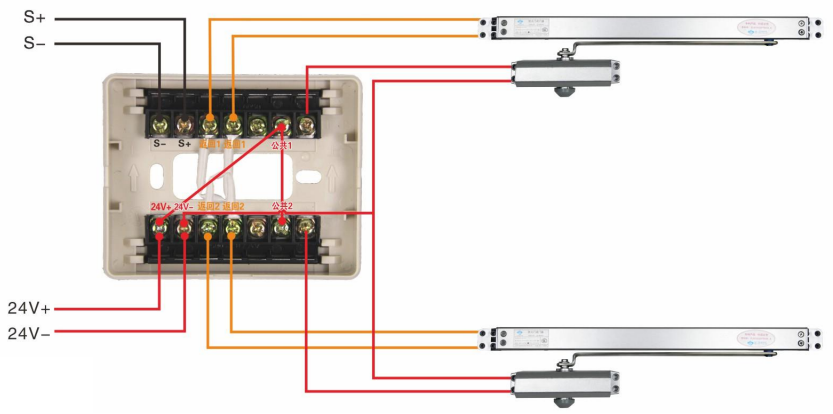 J-EI6342防火门监控模块接联动闭门器接线图（常开式双扇防火门）