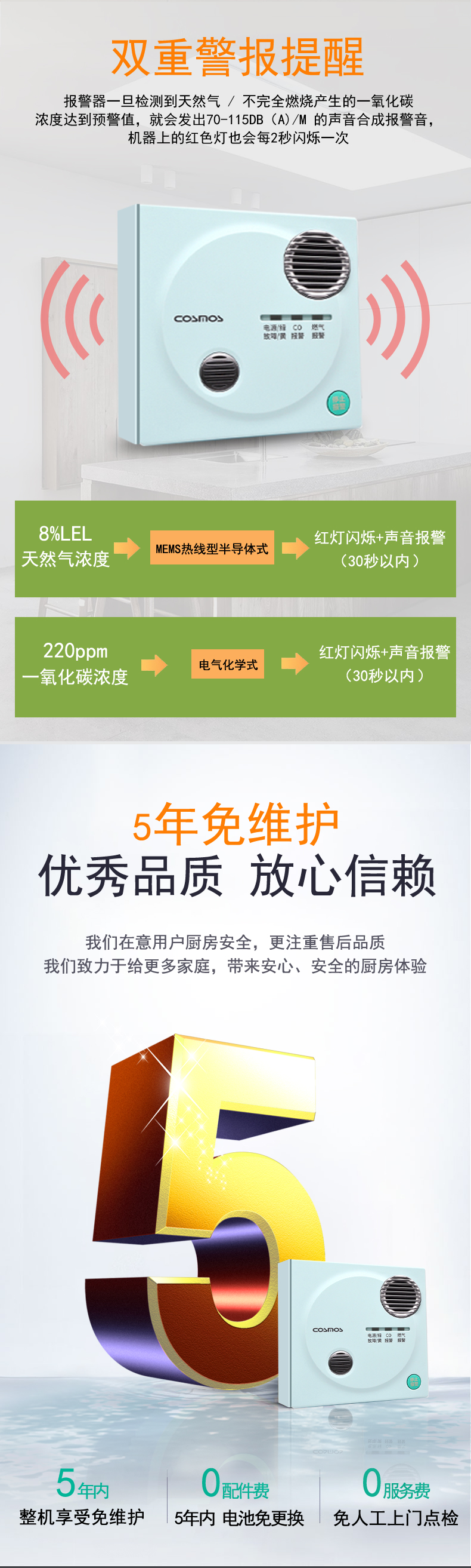 JTM-CA-3C家用可燃气体探测器特点 一氧化碳+天然气