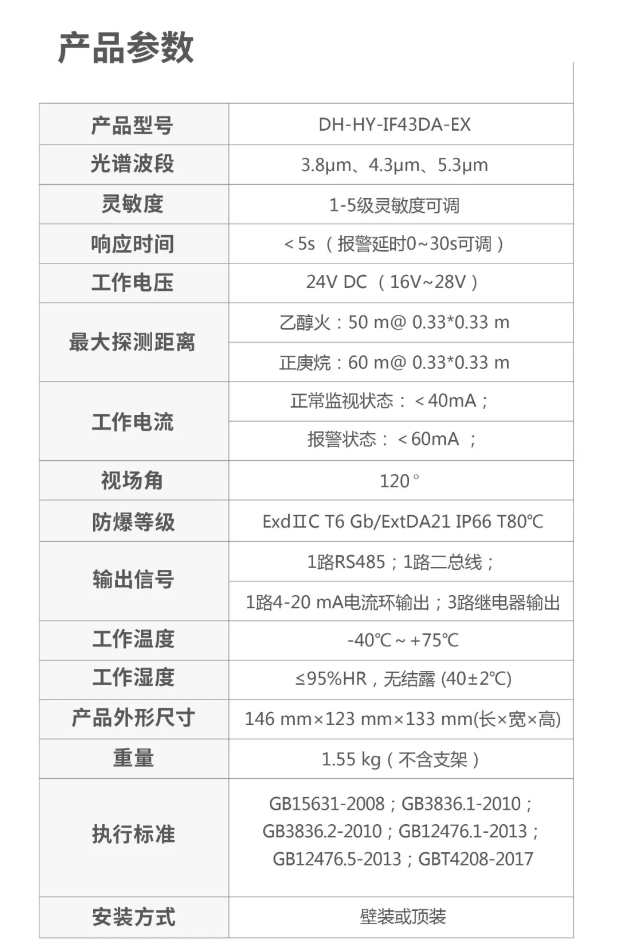 DH-HY-IF43DA-EX点型红外火焰探测器技术参数