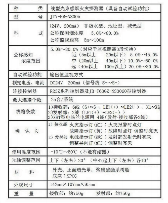 JTY-HM-NS005线型光束感烟火灾探测器技术参数