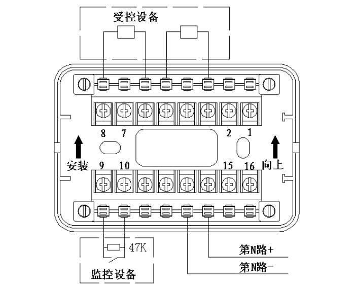 KM8303模块与多线联动控制盘配接控制输出接线示意图