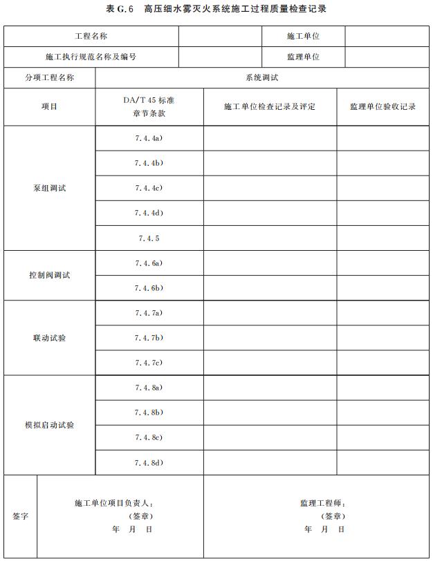高压细水雾灭火系统施工过程质量检查记录