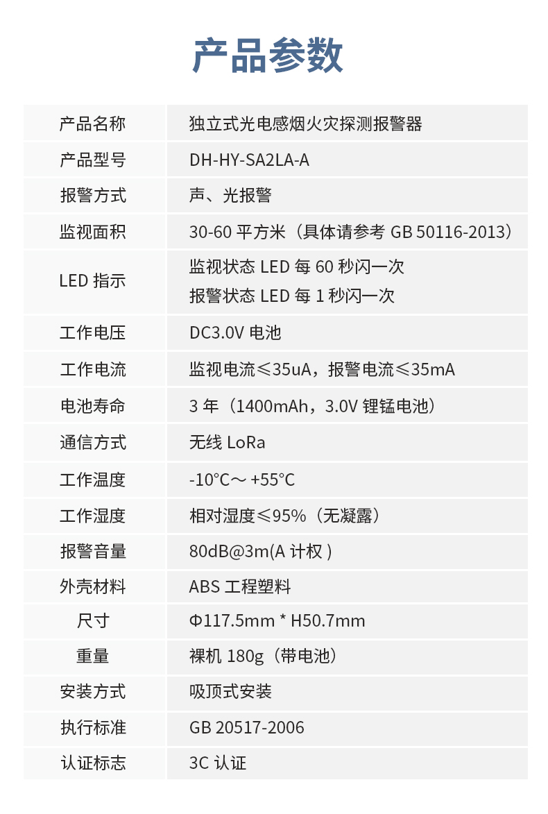 DH-HY-SA2LA-A独立式感烟火灾探测报警器LoRa物联网技术参数