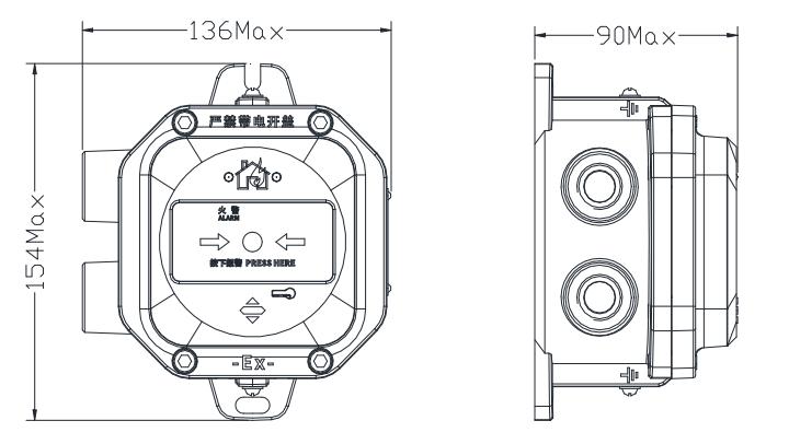 J-SAP-M-A62G-Ex隔爆型手动火灾报警按钮外观尺寸
