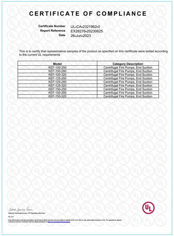 KEF系列单级端吸消防泵UL证书