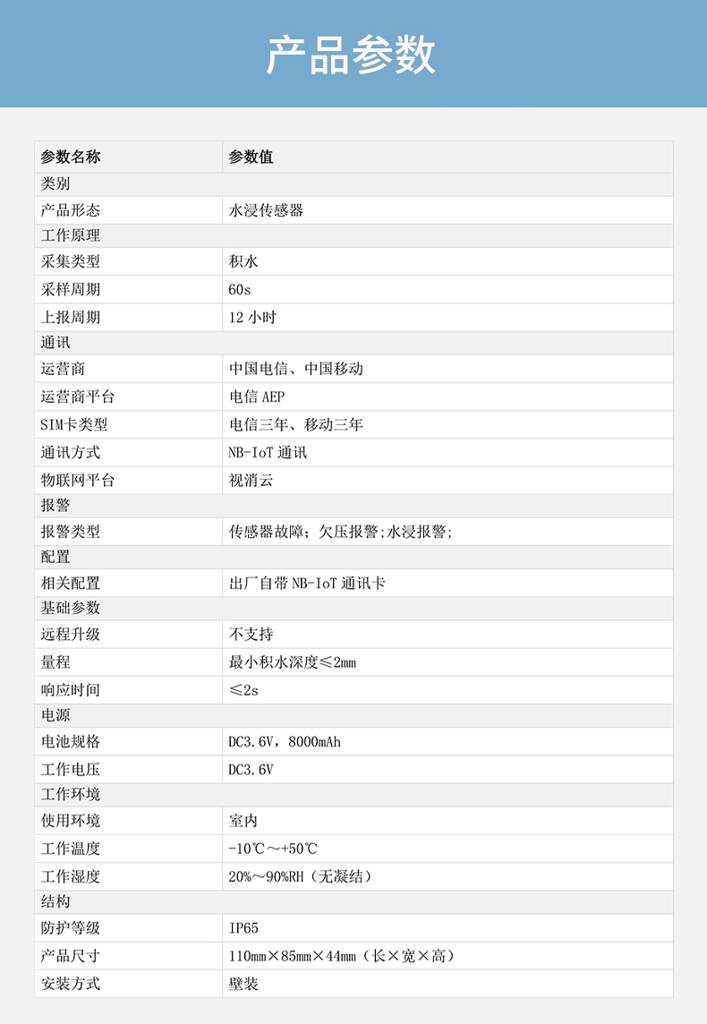 DH-HY-WI2NA（NB电信版）NB水浸传感器技术参数