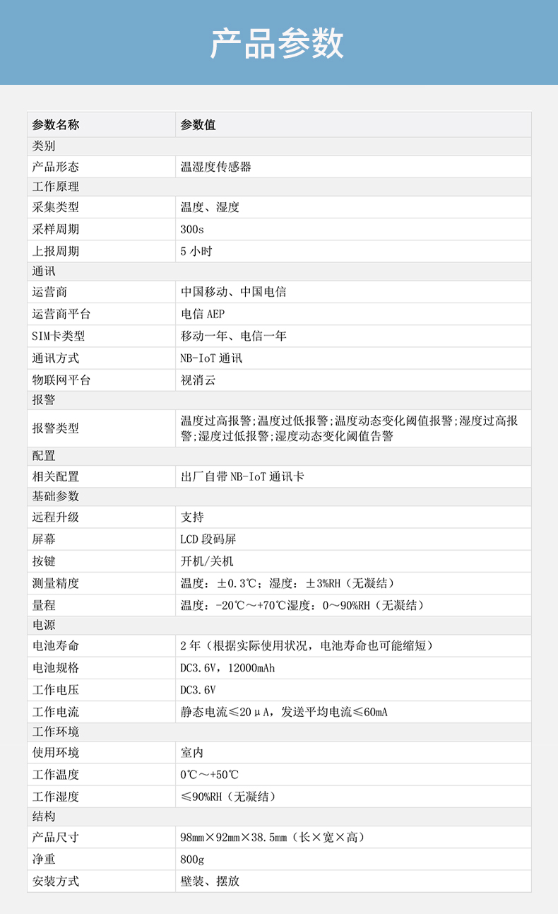 DH-HY-TH3NC-A NB温湿度传感器（NB电信版）技术参数