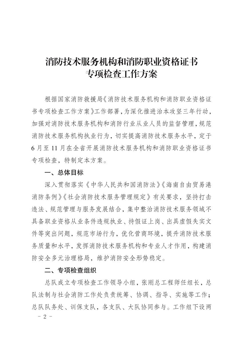 海南消防总队《消防技术服务机构和消防职业资格证书专项检查工作方案》琼消通[2024]94号