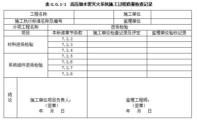 高压细水雾灭火系统施工过程质量检查记录
